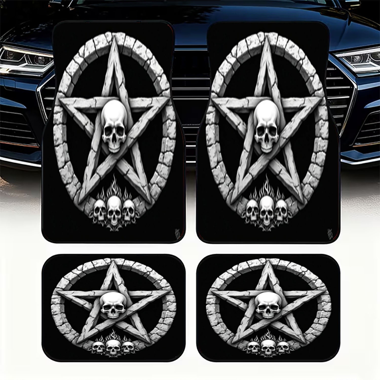 Interior Design Monochrome - Autovloermatten 4 stuks, schedel en pentagram